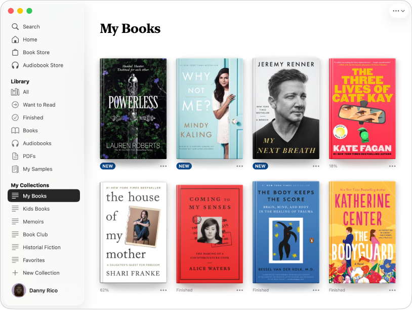 EinEin Fenster der „Bücher“-App mit dem in dem Seitenleiste markierten Bereich „Meine Bücher“ sowie eine personalisiere Auswahl von Büchern auf der rechten Seite.