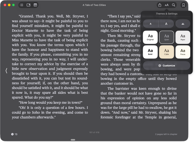 A book with a customised appearance and the Appearance menu showing the selected text size, background colour and font.