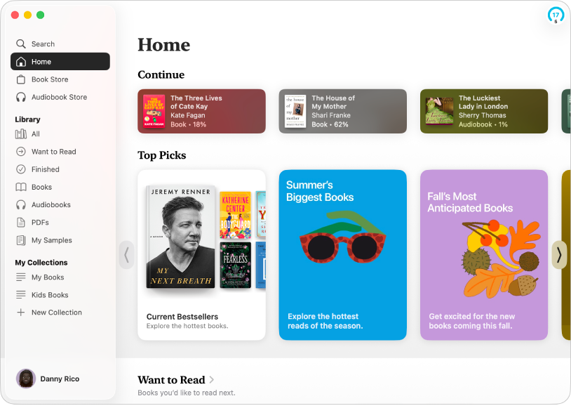 A Books app window, showing Home selected in the sidebar and the Continue and Top Picks sections on the right.