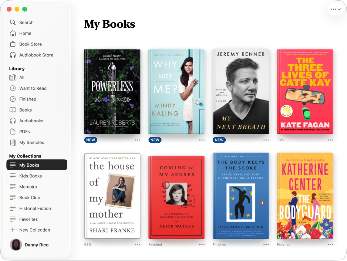 A Books app window showing the My Books collection selected in the sidebar and the titles from that collection displayed on the right.