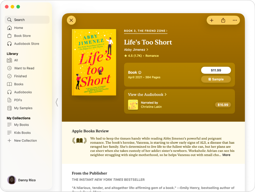 A window with a book title in the search field on the left. On the right, the book’s page is displayed with options to buy the book or audiobook or to read a sample. The window also shows reviews and a note from the publisher.