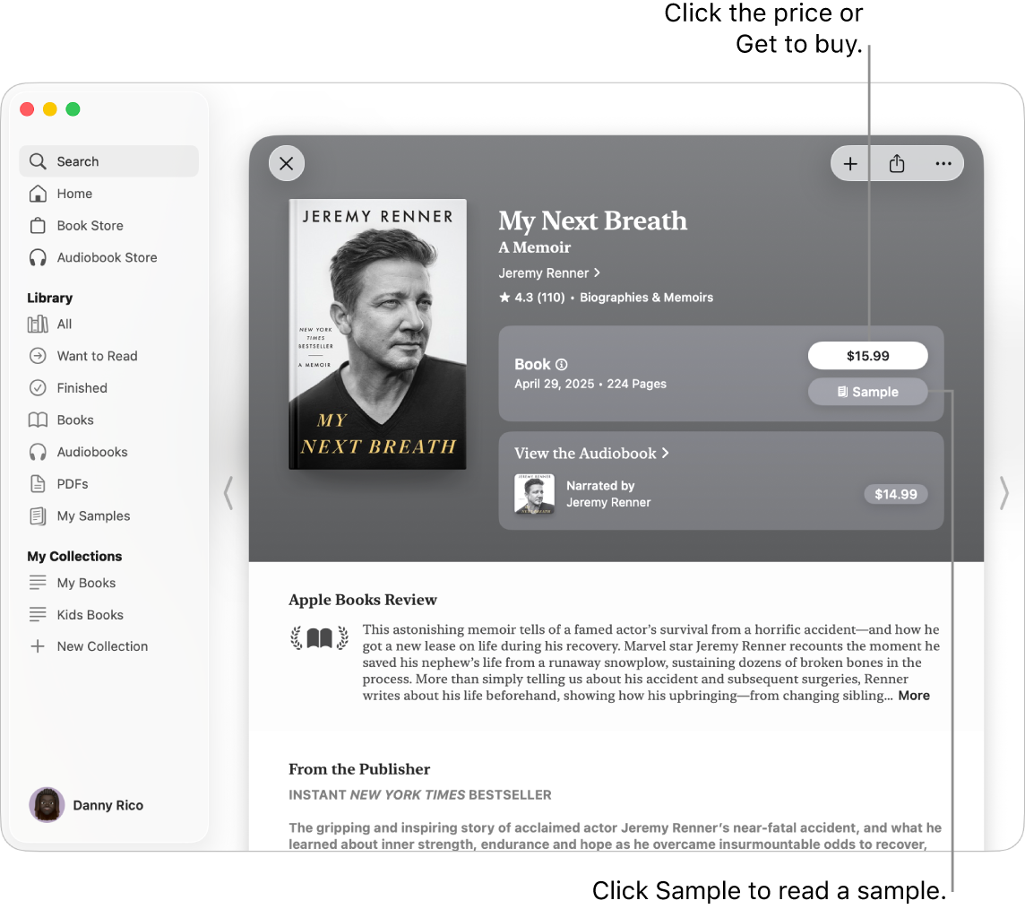 A window showing a book in the Book Store of the Books app. On the right, the book’s page is displayed with options to buy the book or audiobook or to read a sample. The window also shows reviews and a note from the publisher.
