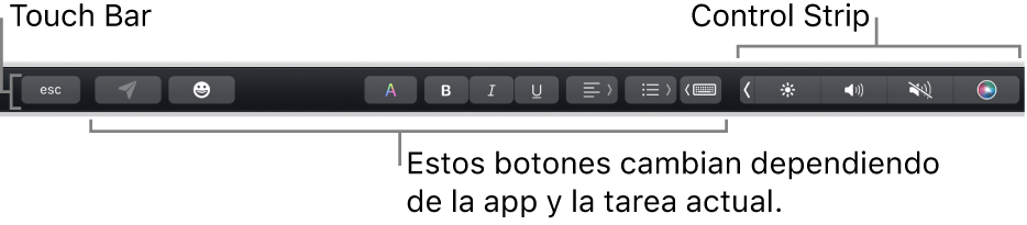 Touch Bar en la parte superior del teclado, mostrando la Control Strip contraída a la derecha y botones que varían según la app o tarea.