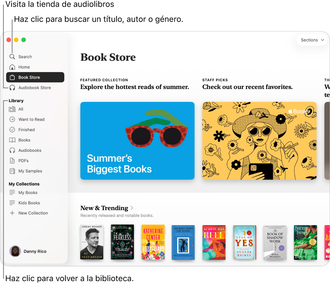 La ventana principal de la tienda de libros. A la izquierda está la barra lateral. El campo de búsqueda, que puedes usar para buscar libros y audiolibros, está en la parte superior de la barra lateral.