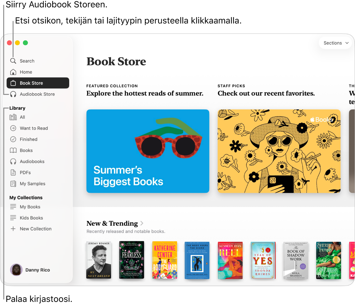 Book Storen pääsivu. Vasemmalla on sivupalkki. Sivupalkin yläosassa on hakukenttä, jonka avulla voit etsiä kirjoja ja äänikirjoja.