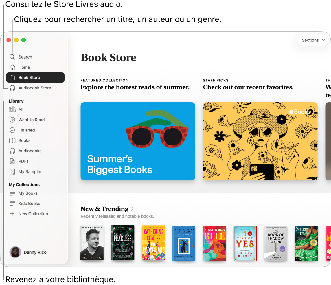 La fenêtre principale de la librairie. La barre latérale se trouve à gauche. Le champ de recherche, qui vous permet de rechercher des livres et livres audio, se trouve dans la partie supérieure de la barre latérale.