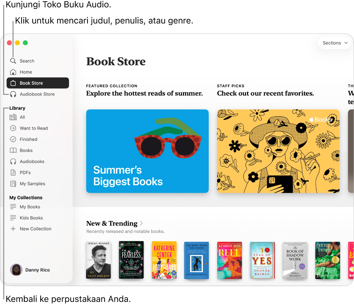Jendela utama Toko Buku. Di sebelah kiri terdapat bar samping. Bidang pencarian, yang dapat Anda gunakan untuk mencari buku dan buku audio, berada di bagian atas bar samping.