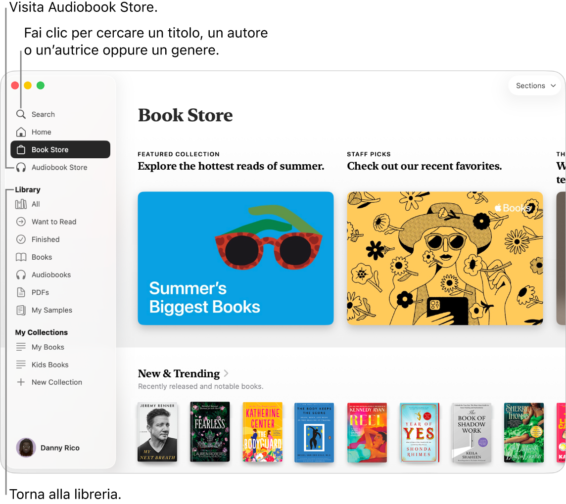 La finestra principale di Book Store. A sinistra si trova la barra laterale. Il campo di ricerca, che puoi utilizzare per cercare libri e audiolibri, si trova nella parte superiore della barra laterale.