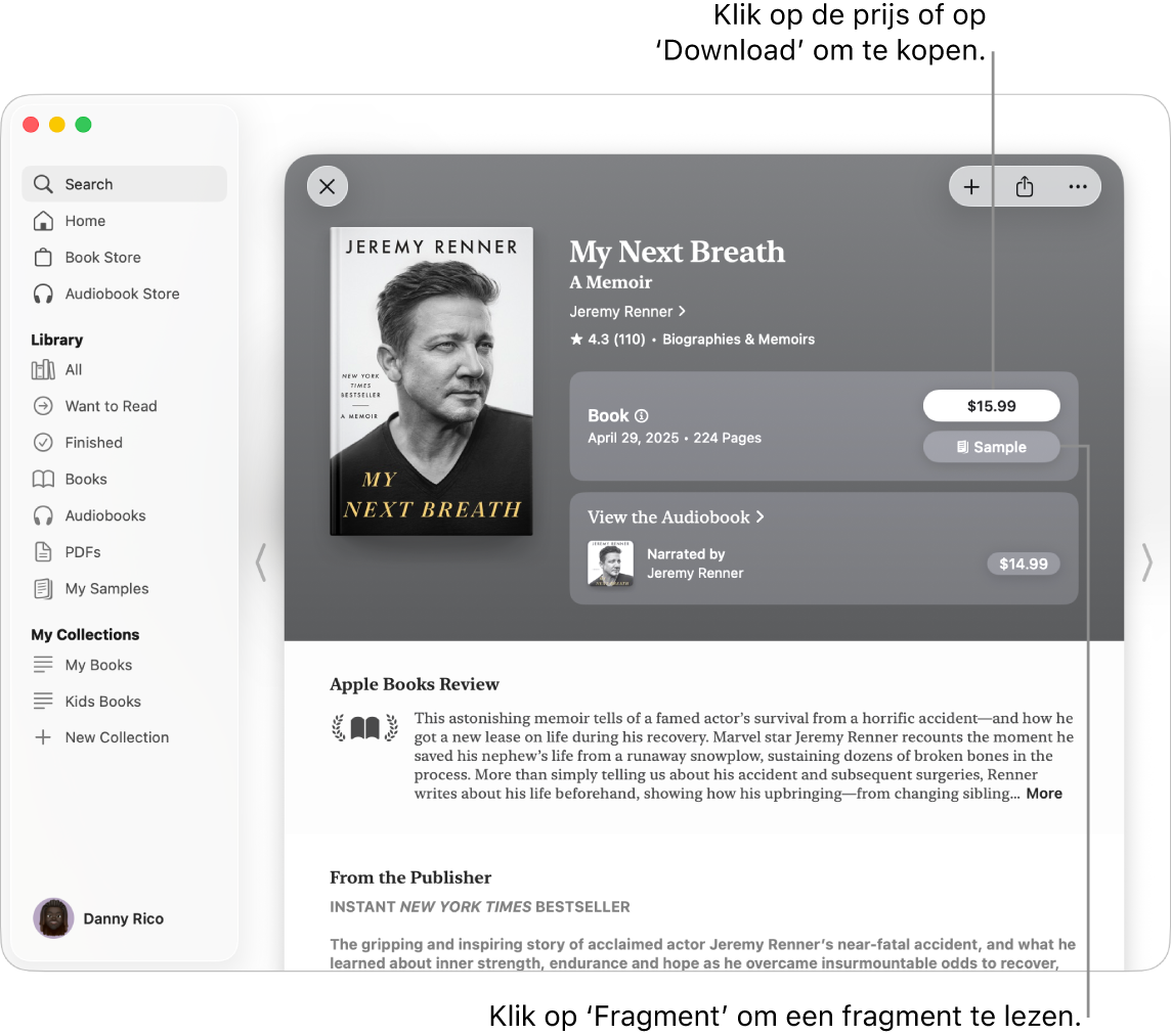 Een venster met een boek in de Book Store van de app Boeken. Aan de rechterkant wordt de pagina van het boek weergegeven met opties om het boek of audioboek te kopen of om een fragment te lezen. In dit venster worden ook recensies en een opmerking van de uitgever weergegeven.