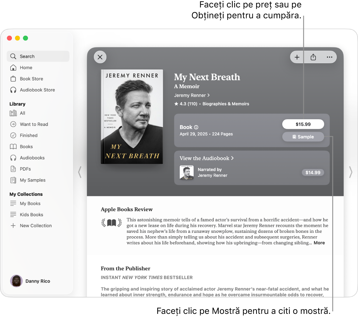 O fereastră care afișează o carte din Book Store în aplicația Cărți. O pagină din carte se afișează în dreapta, cu opțiuni de a cumpăra cartea sau cartea audio sau de a citi o mostră. De asemenea, în fereastră se afișează evaluări și o notă din partea editorului.