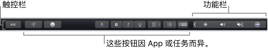 横贯键盘顶部的触控栏，显示右侧折叠的功能栏，按钮因 App 或任务而异。