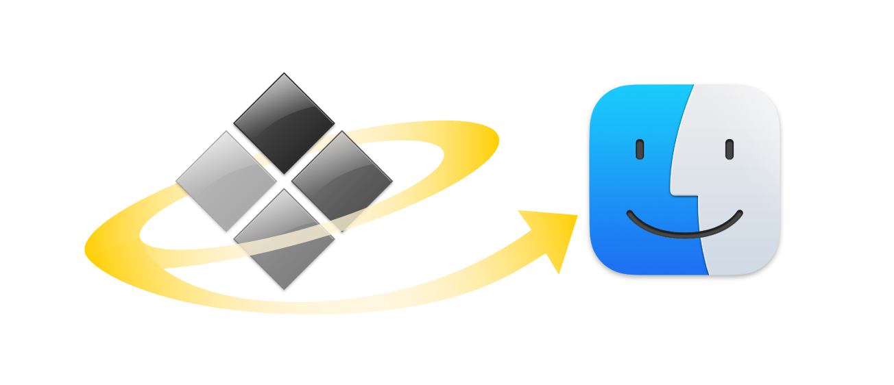 Uma ilustração que mostra uma seta ao redor de um ícone do Windows e a apontar para o ícone do Finder.