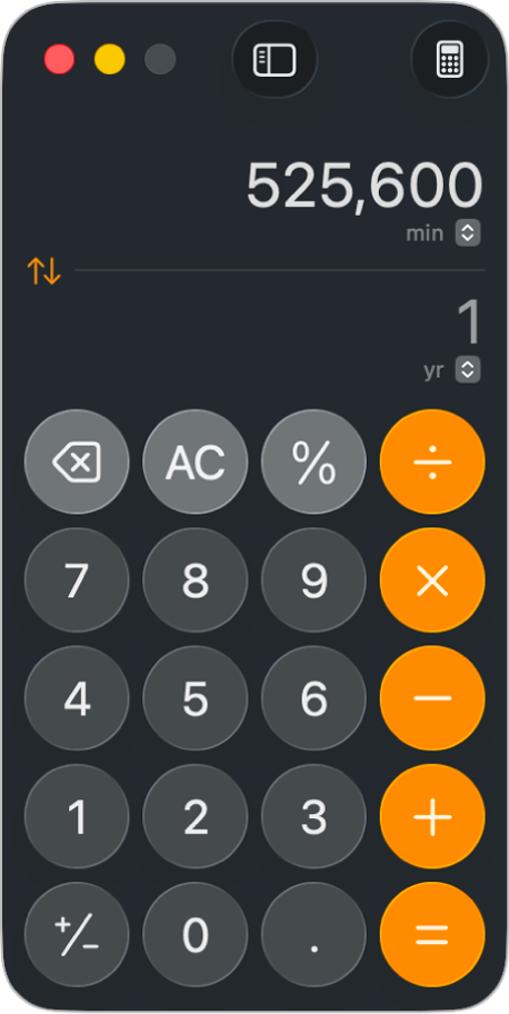 A calculator in scientific mode showing a conversion from minutes to years.