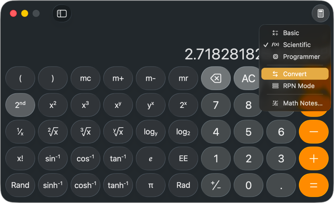 A calculator in scientific mode with the Calculator Mode menu open, and Convert highlighted.