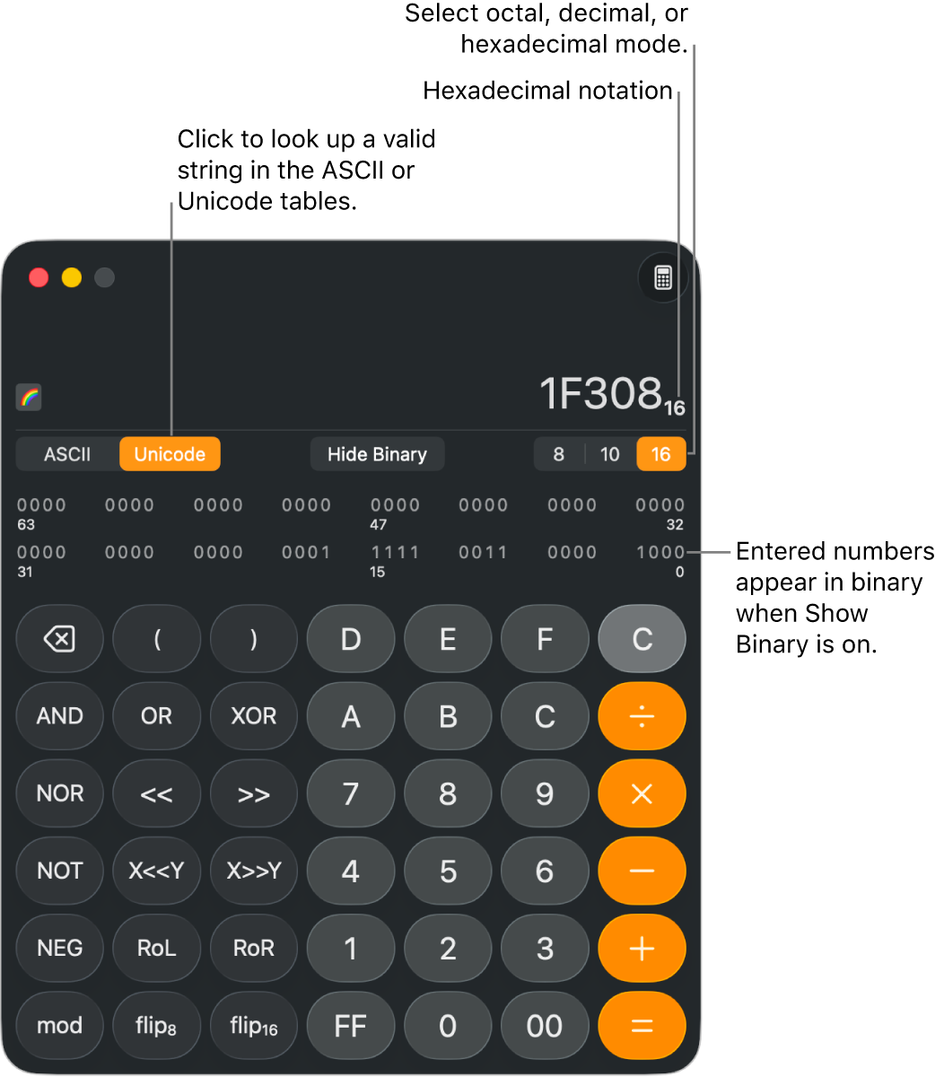 A calculator in programmer mode.