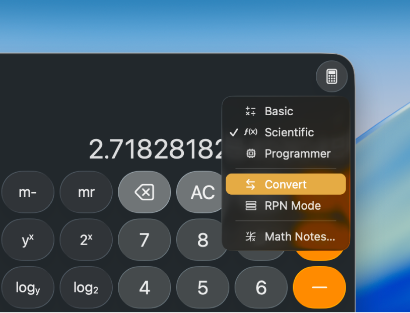 A calculator in scientific mode with the Calculator Mode menu open, and Convert highlighted.