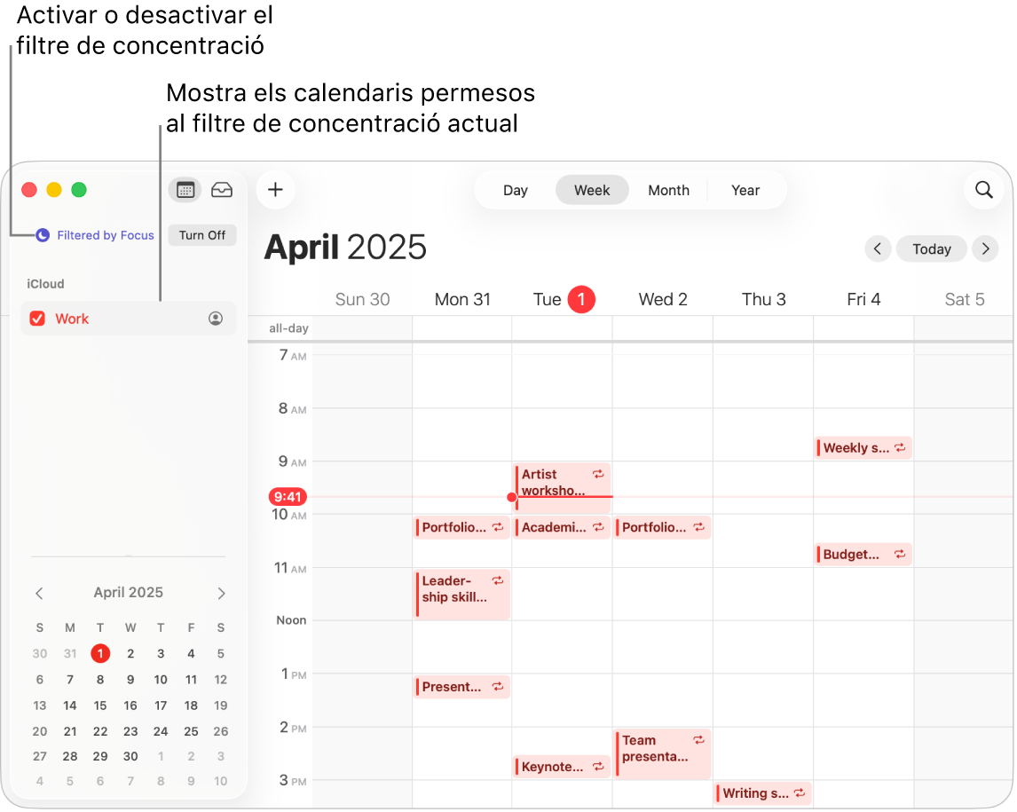 Finestra de l’app Calendari en la vista setmanal que només mostra el calendari laboral a la barra lateral quan el mode de feina està activat.