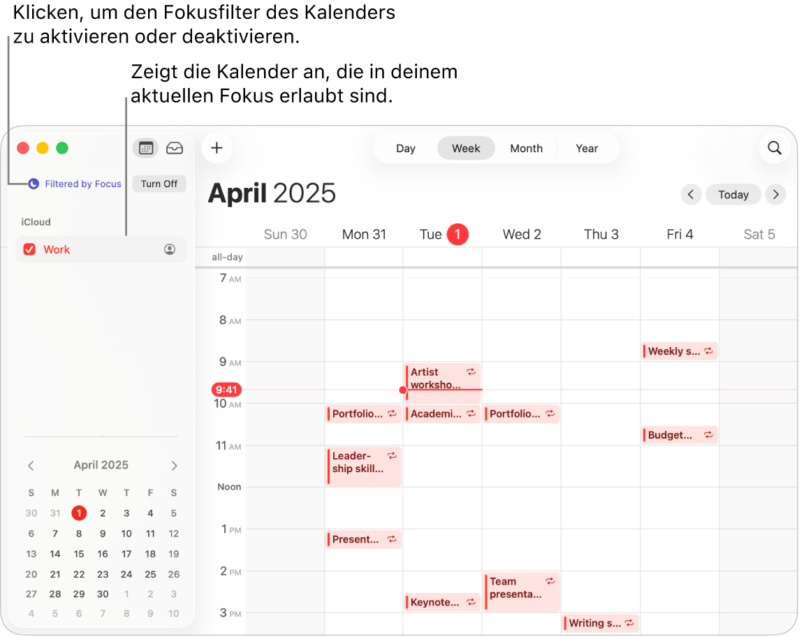 Ein Kalenderfenster in der Wochenansicht zeigt nur den Kalender „Arbeit“ an, nachdem der Fokus „Arbeit“ aktiviert wurde.
