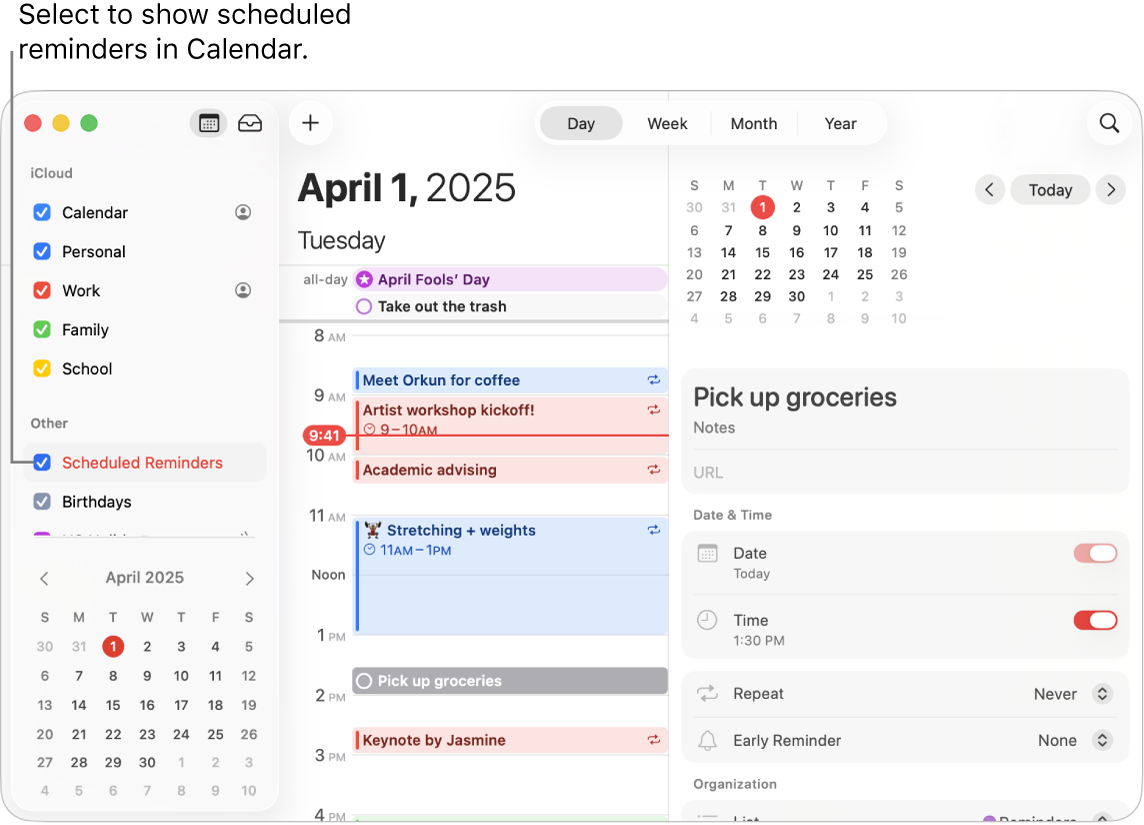 A Calendar window in Day view showing the calendar list and the selected Scheduled Reminders tick box. The Day schedule shows events and a scheduled reminder with the Add Reminders area on the right.