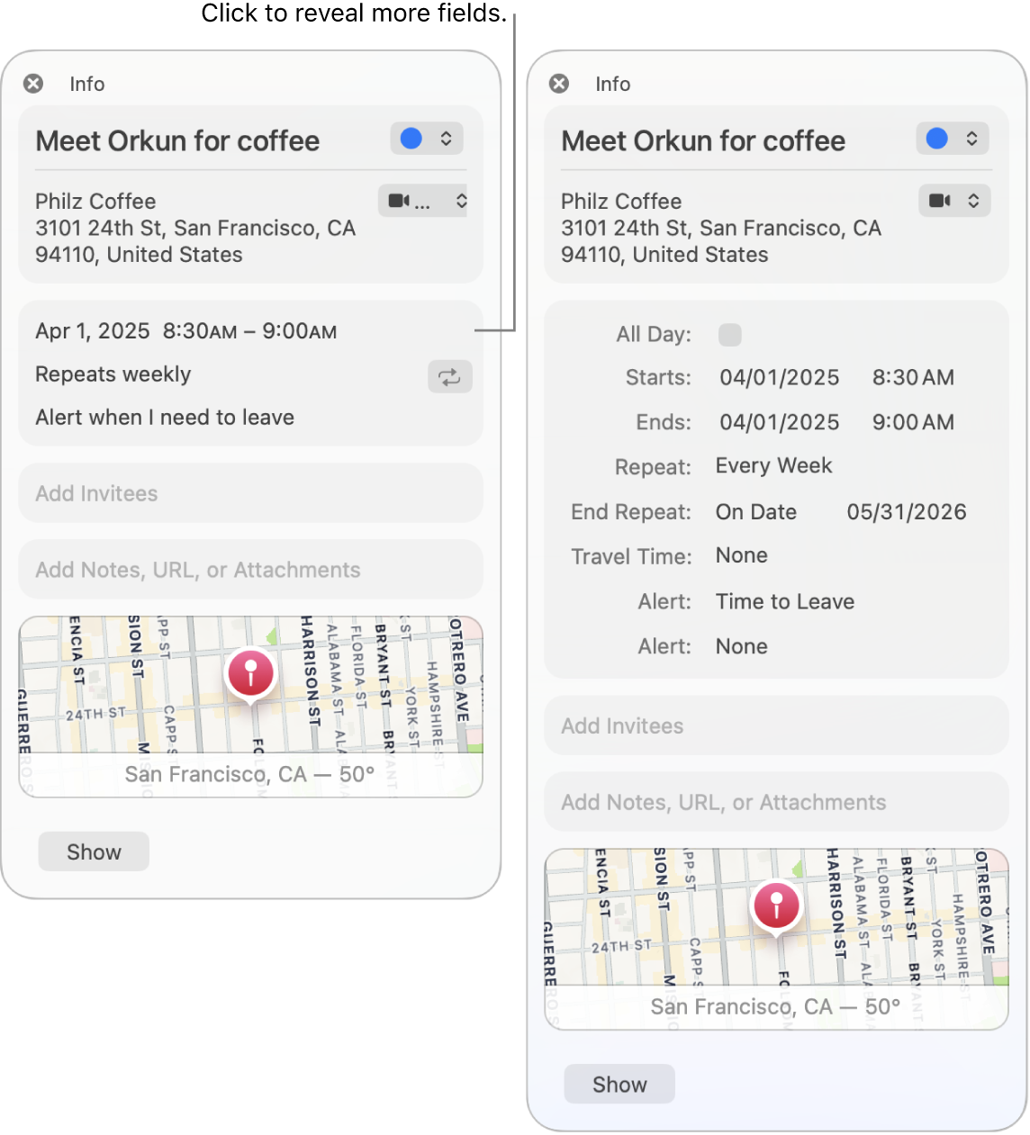 Info window for an event with details hidden (on the left), and the same event’s info window with duration details showing (on the right).