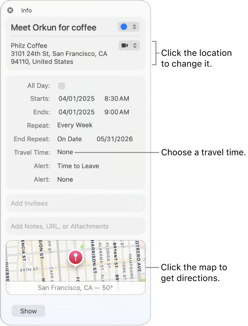 Info window for an event showing the event location on a map.