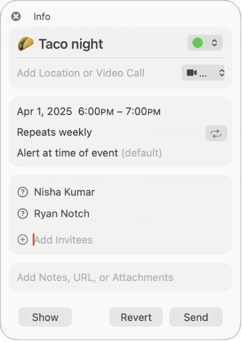 Info window for an event, showing just invitees.