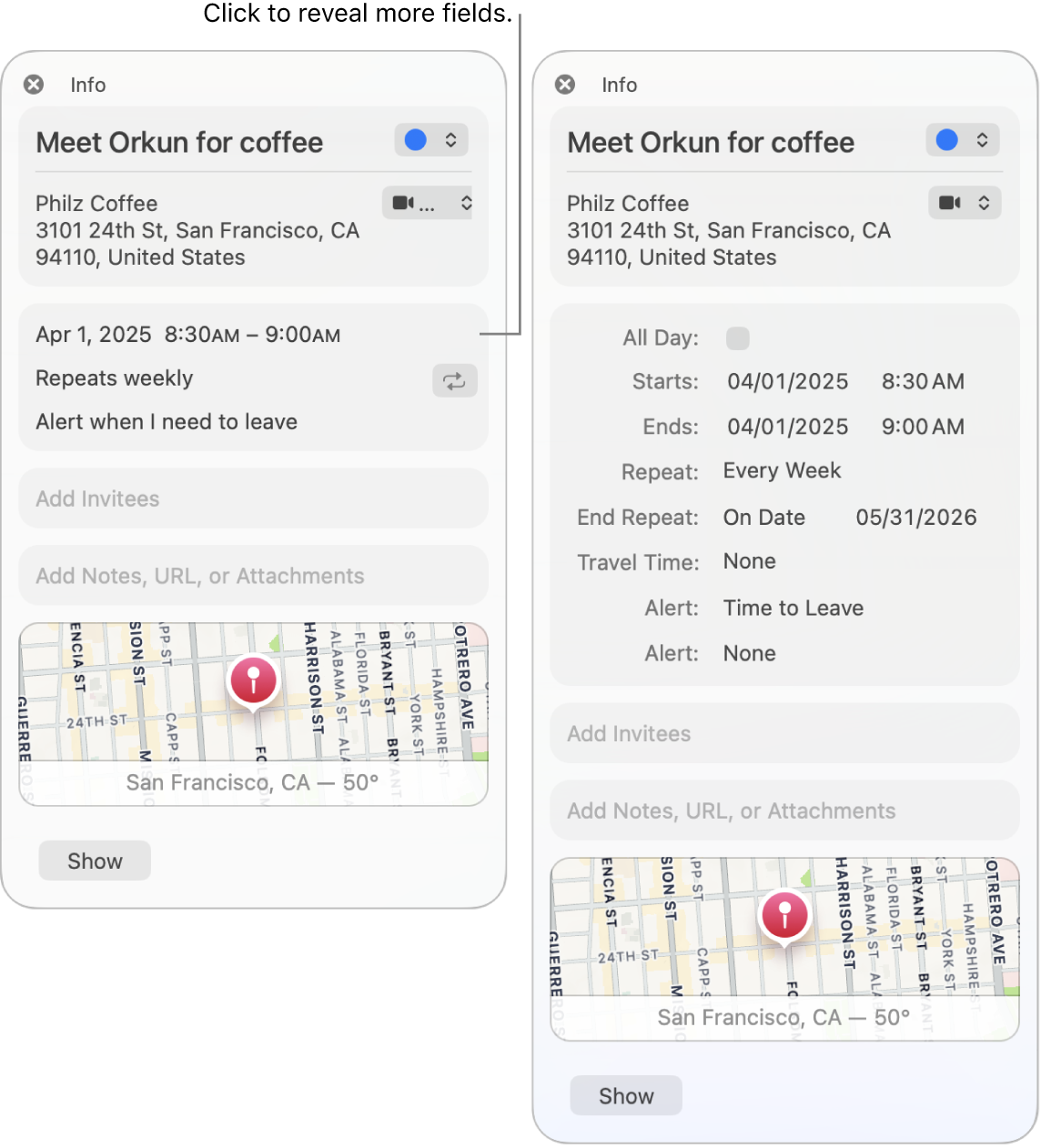Info window for an event with details hidden (on the left), and the same event’s info window with duration details showing (on the right).