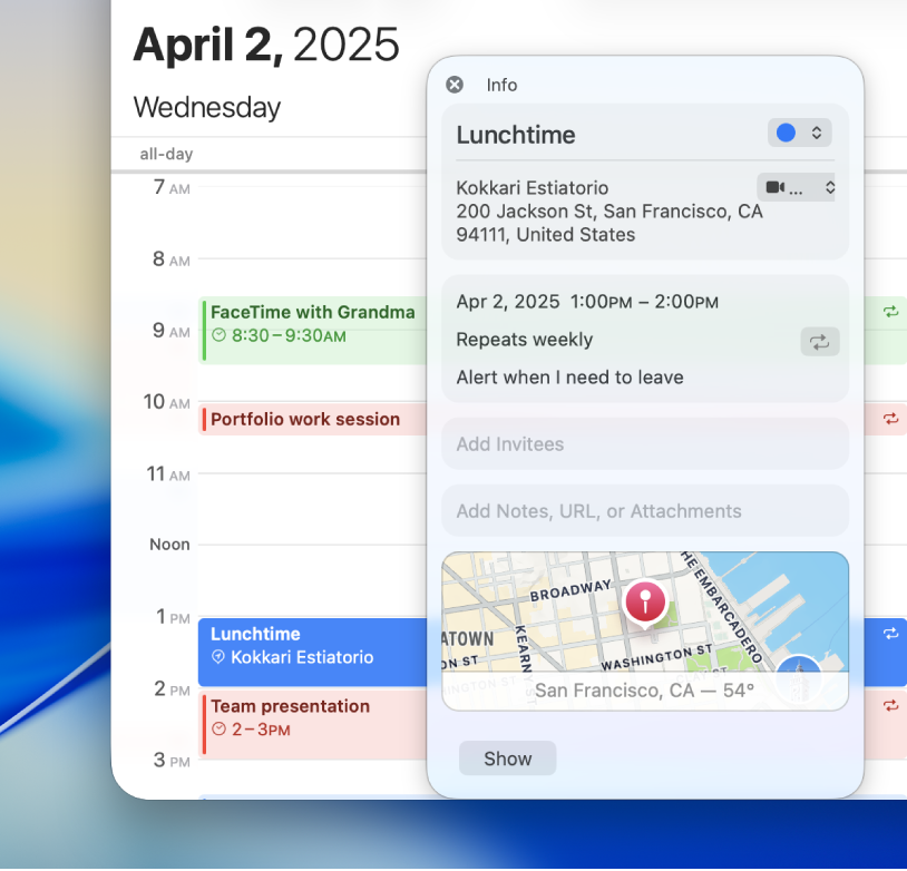 The info window in the Calendar app, showing details for an event including the address, date, and a map, along with sections for adding notes, URLs, and attachments.