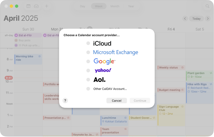 A Calendar window showing the account dialog.