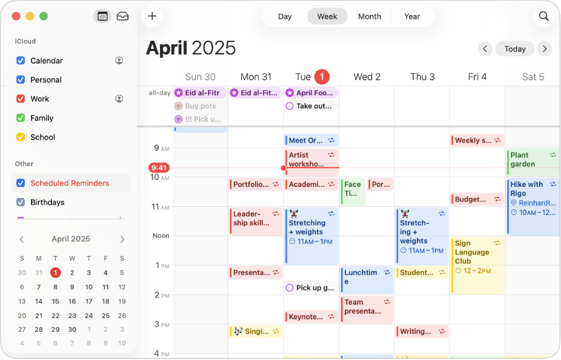 A Calendar window in Month view showing color-coded personal, work, family, and school calendars in the sidebar under the iCloud account heading.