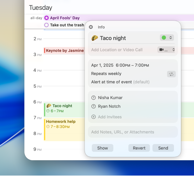 The info window for an event, showing the invitees.