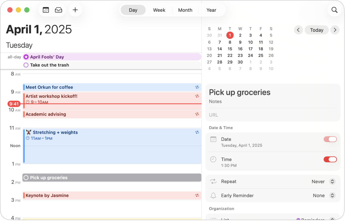 A Calendar window in Day view showing events, a scheduled reminder, and the area to add reminders on the right.