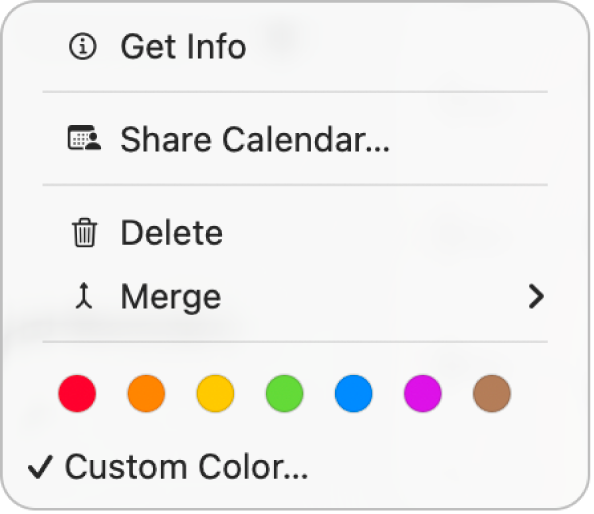 The shortcut menu in Calendar showing the color options.