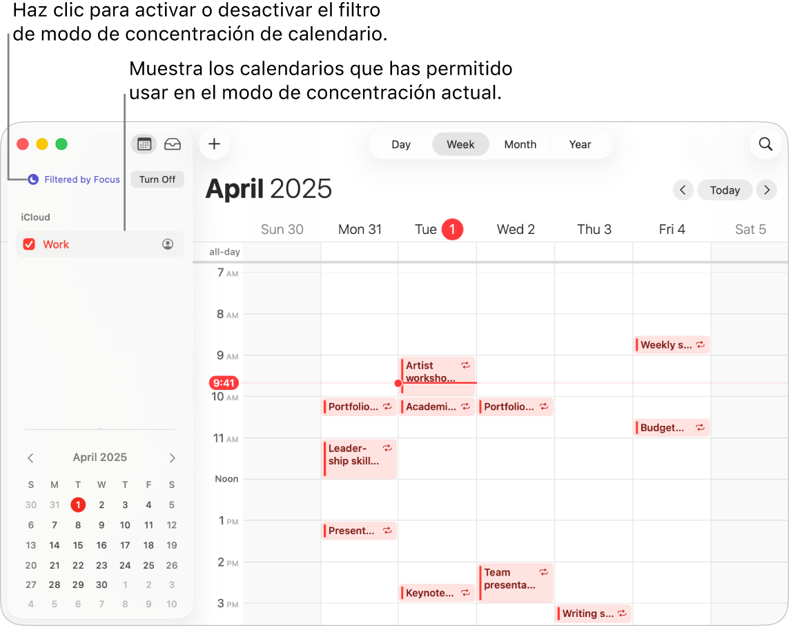 Una ventana de Calendario en la vista Semana donde solo se muestra el calendario de trabajo en la barra lateral después de activar el modo de trabajo.