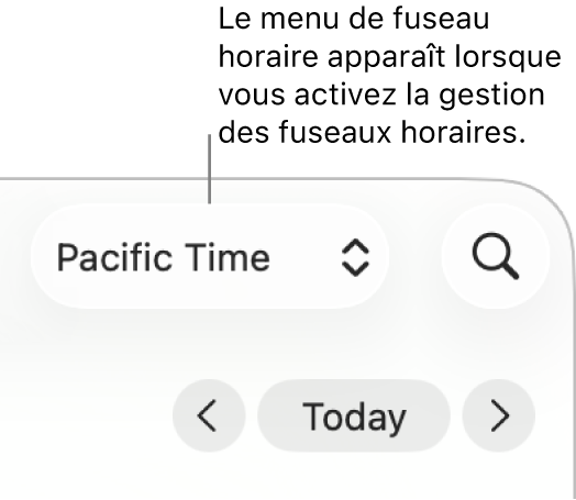 Le menu Fuseau horaire apparaît à gauche du champ de recherche, lorsque la prise en charge de cette fonctionnalité est activée.