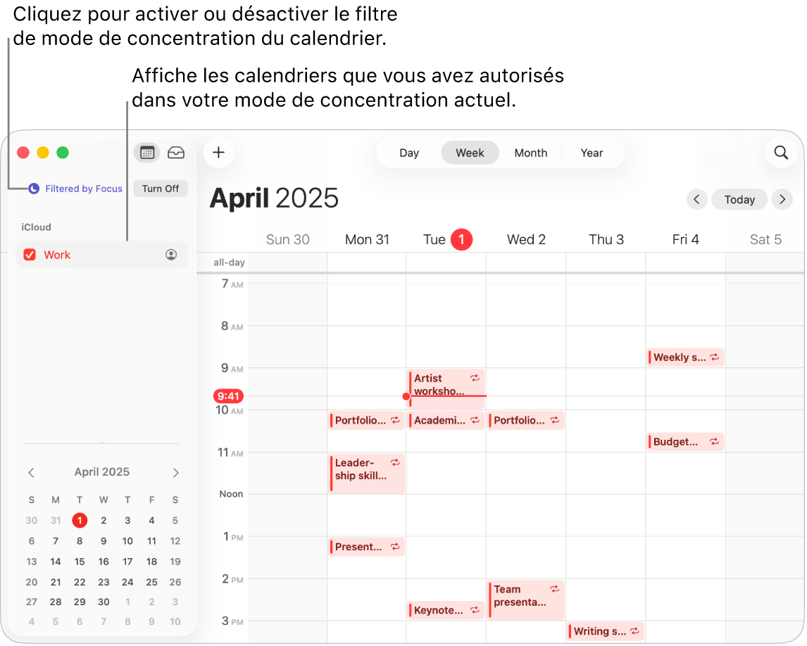 Une fenêtre Calendrier en présentation Semaine qui affiche seulement le calendrier Travail dans la barre latérale après l’activation du mode de concentration « Travail ».