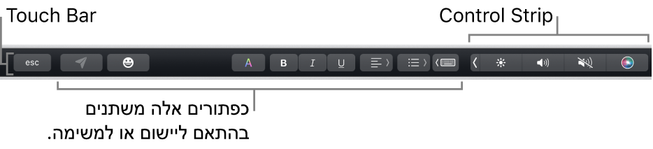 ה‑Touch Bar בחלק העליון של המקלדת, עם ה‑Control Strip בפריסה מכווצת בצד ועם כפתורים שמשתנים בהתאם ליישום או למשימה.
