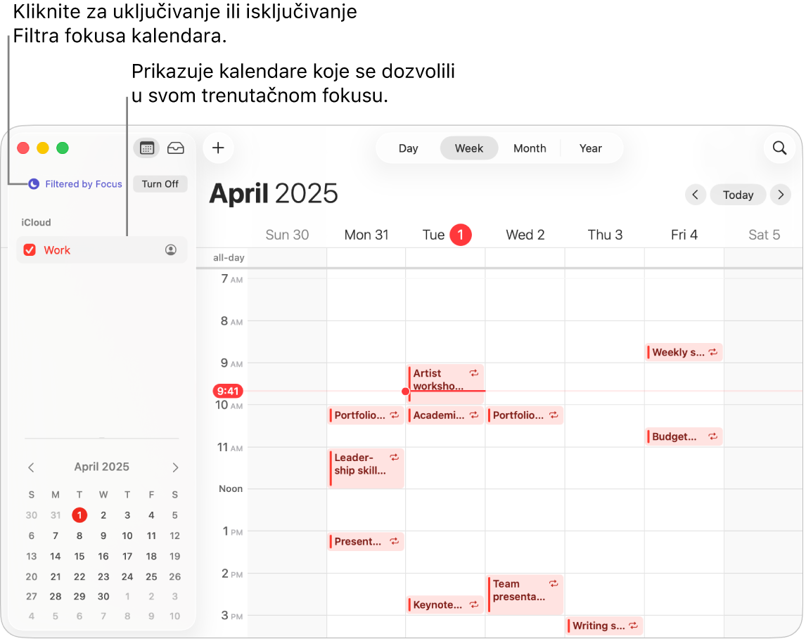 Prozor Kalendar u tjednom prikazu prikazuje samo kalendar Posao u rubnom stupcu, nakon što je uključen fokus Posao.
