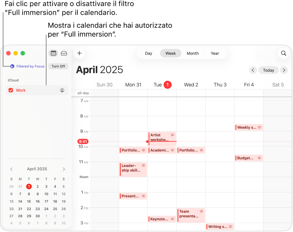 Una finestra Calendario nella vista Settimana che mostra solo il calendario di lavoro nella barra laterale dopo che è stato attivata la full immersion Lavoro.