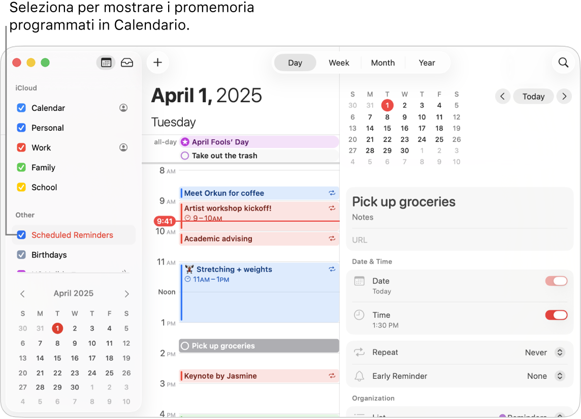 Una finestra di Calendario nella vista Giorno che mostra l’elenco di calendari e la casella di controllo dei promemoria programmati selezionata. Giorno mostra gli eventi in programma e un promemoria programmato con l’area di aggiunta dei promemoria a destra.