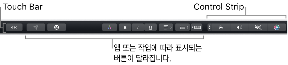 키보드 상단에 펼쳐진 Touch Bar와 오른쪽에 축소되어 표시된 Control Strip, 앱 또는 작업별로 달라지는 버튼.