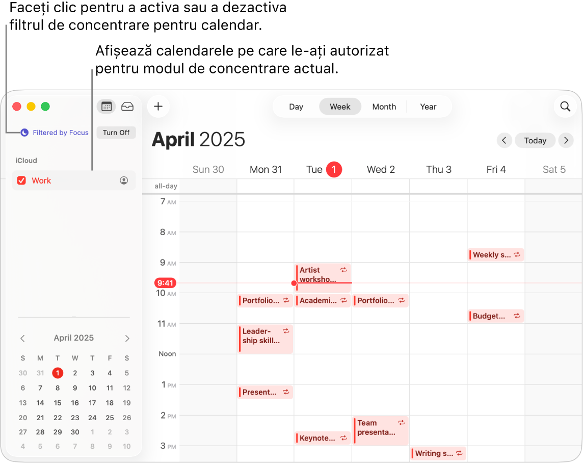 O fereastră Calendar în vizualizarea Săptămână afișând doar calendarul Serviciu în bara laterală după ce modul de concentrare Muncă a fost activat.