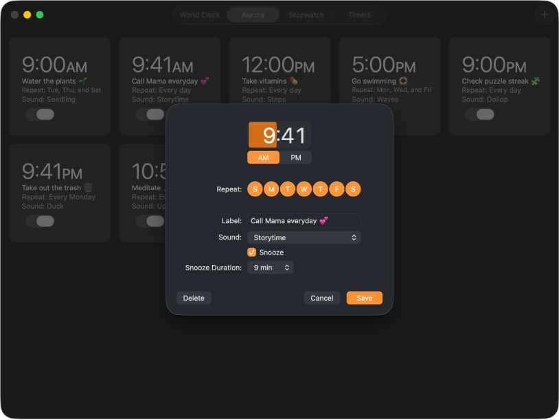 The Alarms pane of the Clock app, showing several alarms. In front of the pane a pop-up menu is open, where a new alarm is being set.