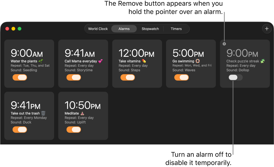 The Alarms pane of the Clock app, with multiple alarms showing varying tasks and times.