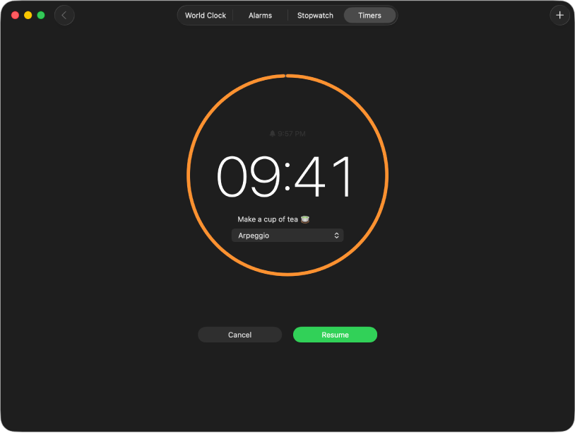 The Timers pane of the Clock app, showing a 10-minute timer in progress, with a custom label and sound.