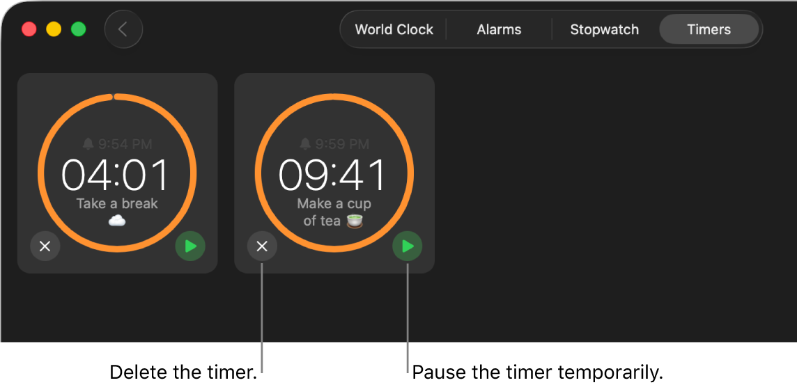 Two timers running in the Clock window. Each timer is labelled with the time it will end, how much time is left and the label surrounded by a yellow arc on a grey circle. The arc indicates what portion of the timer is left. Buttons to remove or pause each timer appear below the circles.