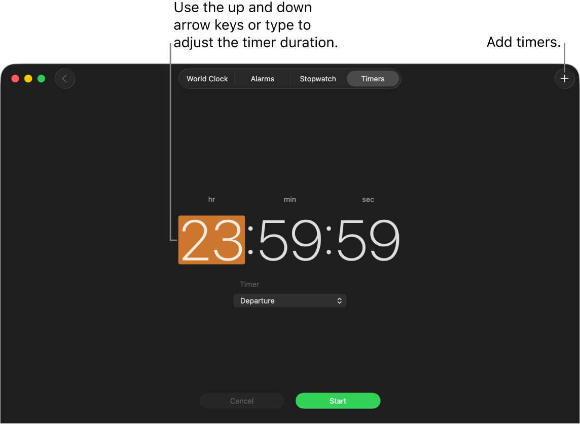The Timers pane of the Clock app showing a time in hours, minutes and seconds.