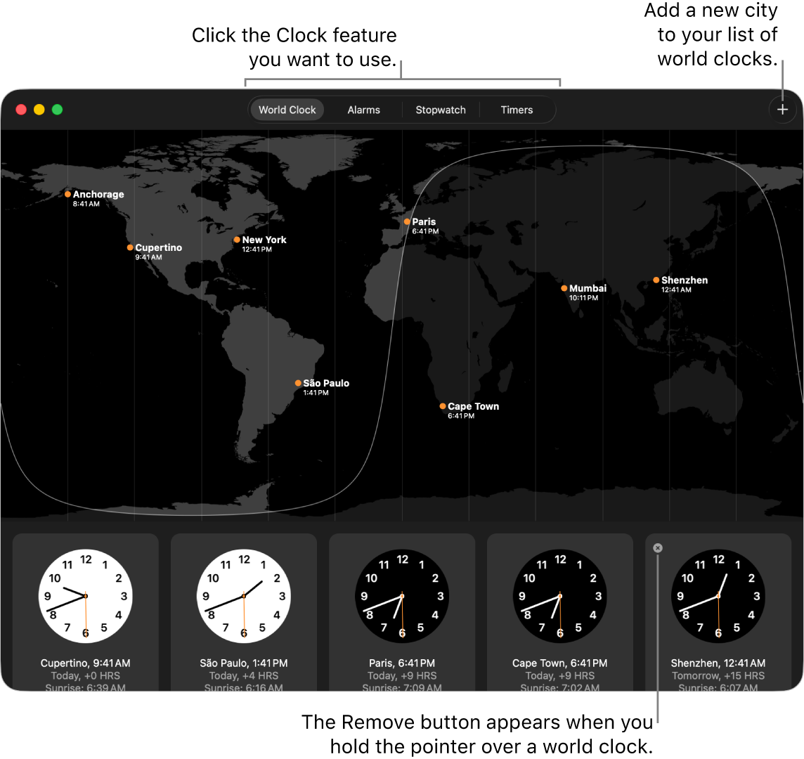 The World Clock pane of the Clock app, showing the local time, sunrise and sunset in various cities around the world. Tabs along the top of the Clock window connect to other features. There’s an Add button at the top right to add a city.