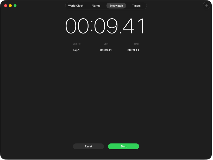The Stopwatch pane of the Clock app, showing a timer paused after one lap.