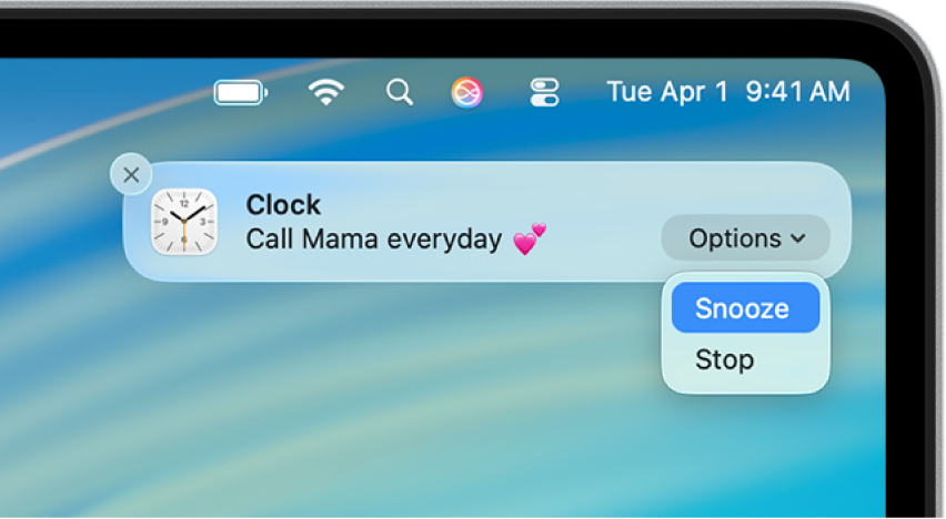 An alarm notification with an Options pop-up menu, with Snooze and Stop as menu items.